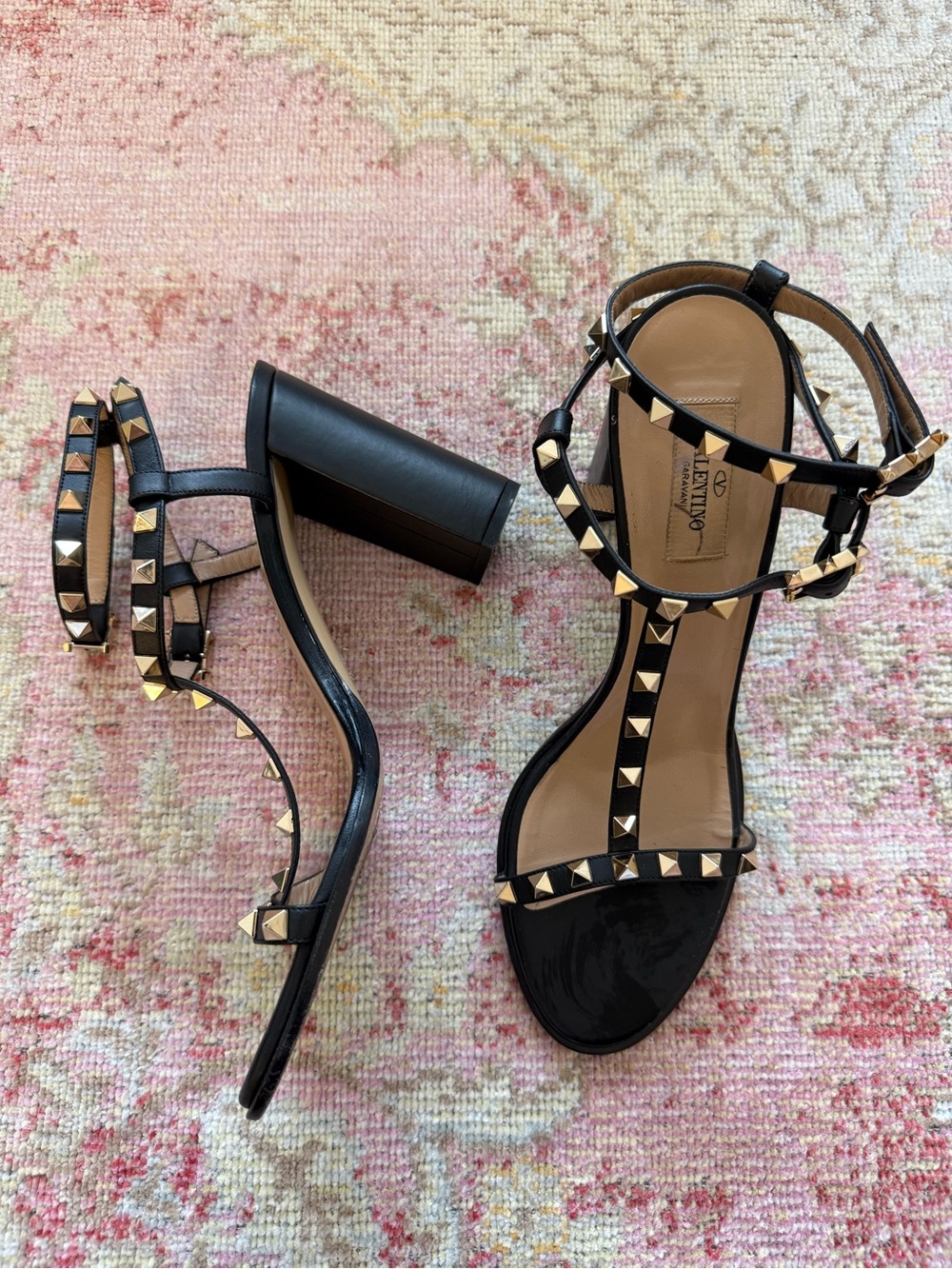 Valentino Rockstud T-Strap Block Heel Sandals - Black, EU 41